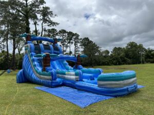 Large blue inflatable water slide