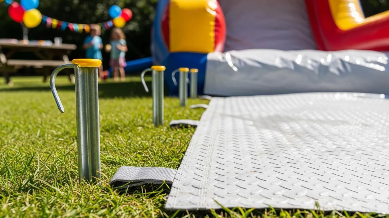 Close-up of safety features on an inflatable water slide, highlighting safety stakes and non-slip surface