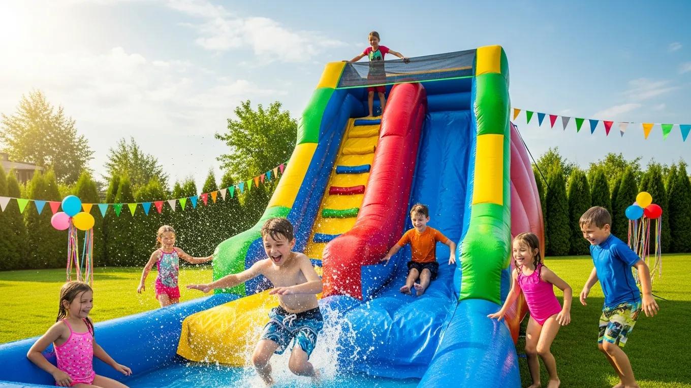 colorful inflatable water slide at a sunny party with children enjoying b814cf96 1541 45cc aef6 0a043fda871a Choosing the Best Water Slide Rental for Your Party