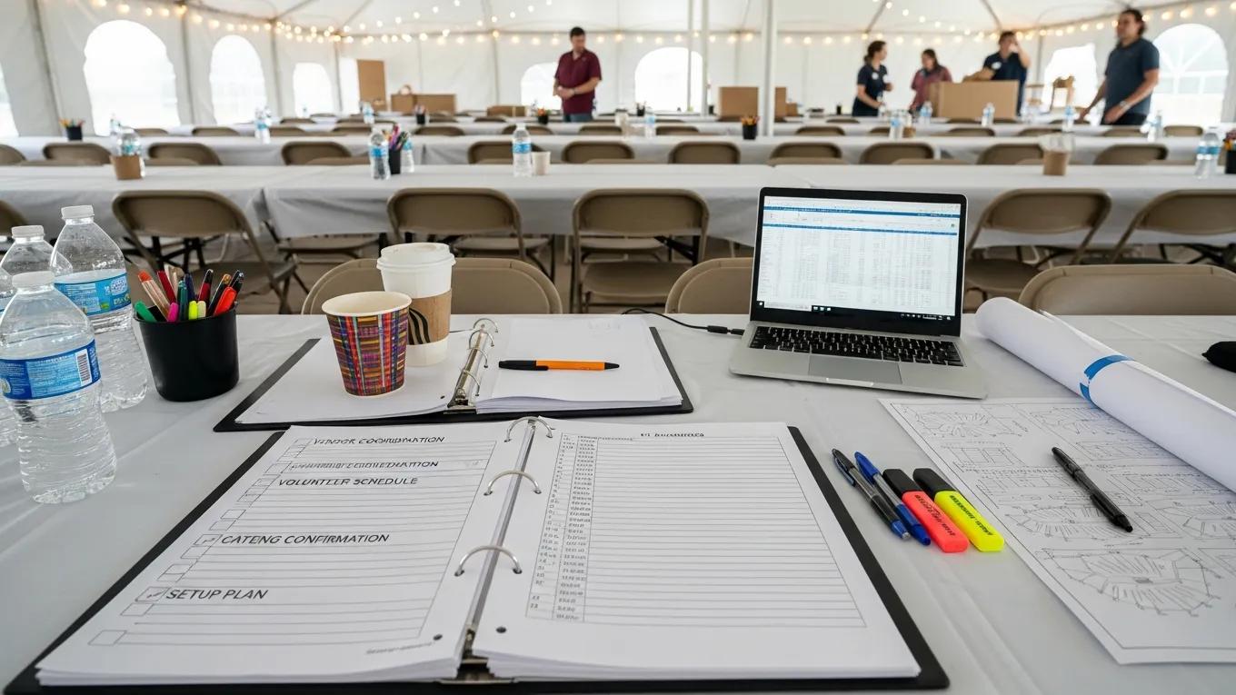 Organized tables and chairs under a tent for a school event planning setup