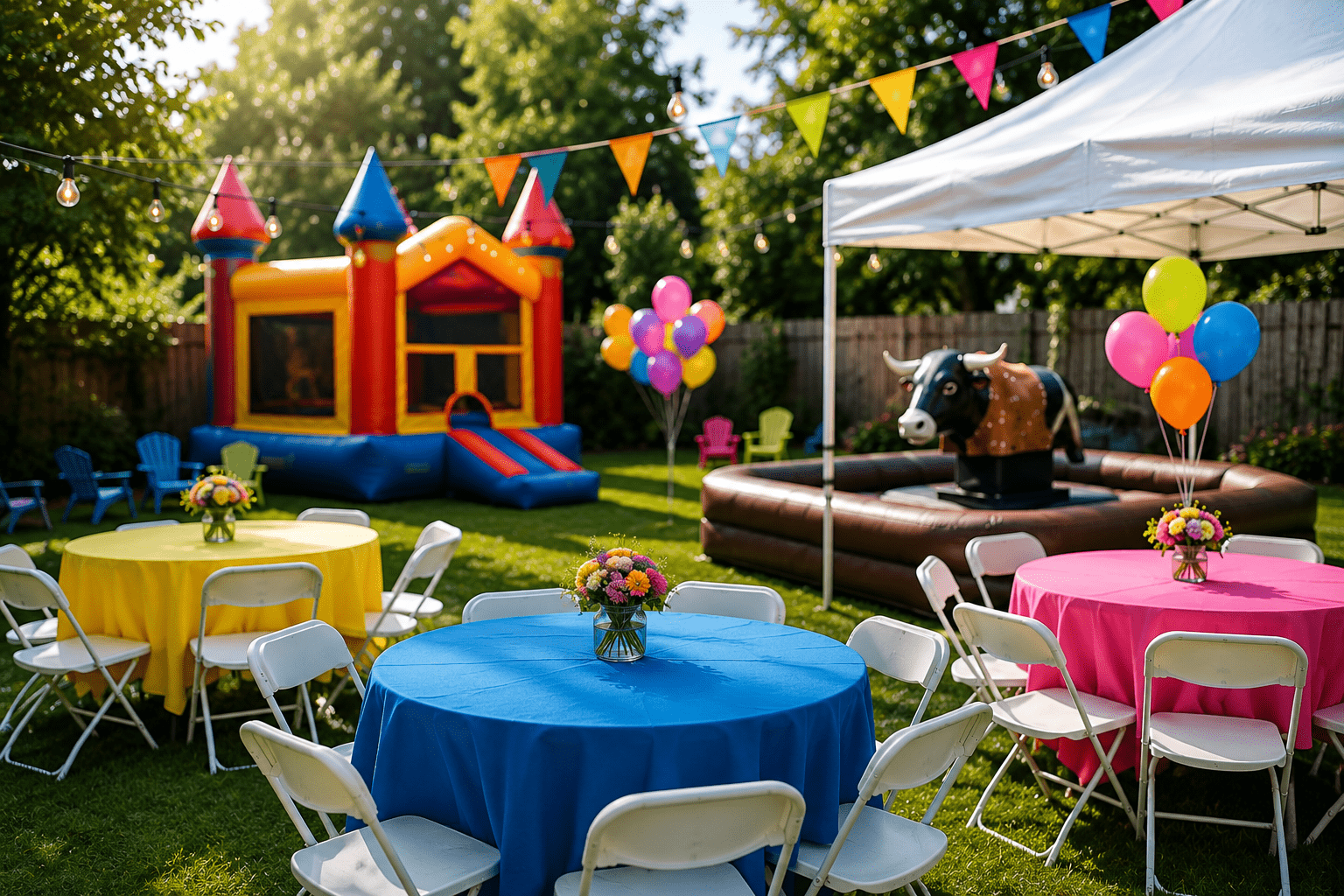 Party rental setup with inflatable bounce house, mechanical bull, tables, chairs, and colorful decorations for a backyard event.
